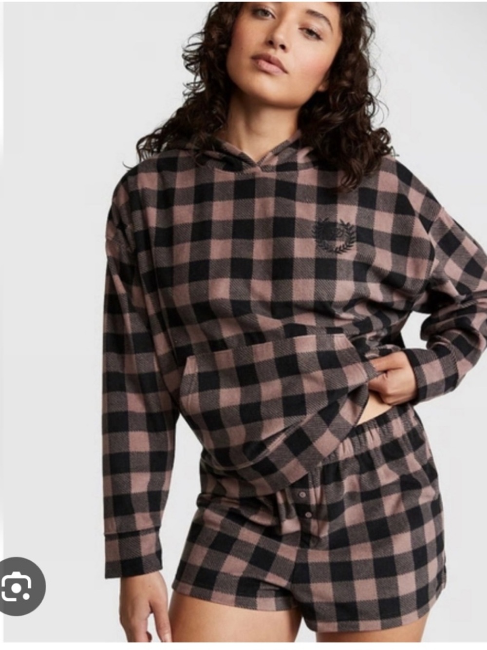 PINK Victoria's Secret Pink & Black Plaid Hooded Pajama Set